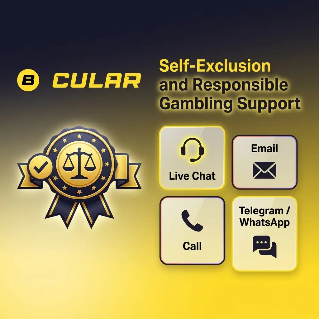 Betacular responsible gambling support tools including self-exclusion, deposit limits, and cool-off periods for player wellbeing